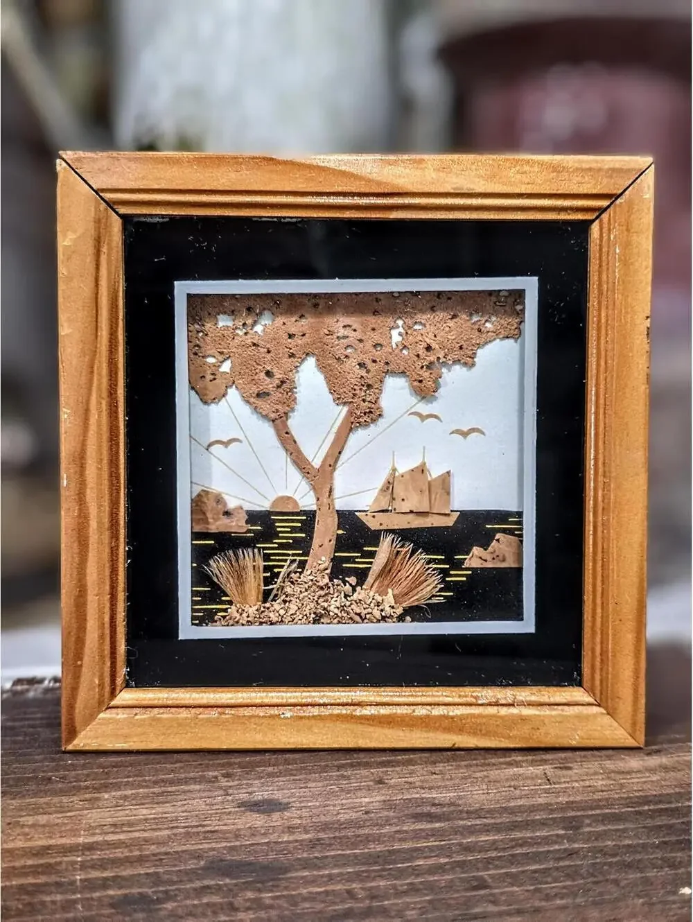 Vintage 1970s Chinese Cork Diorama, 3D Hand-Carved Seascape Shadow Box